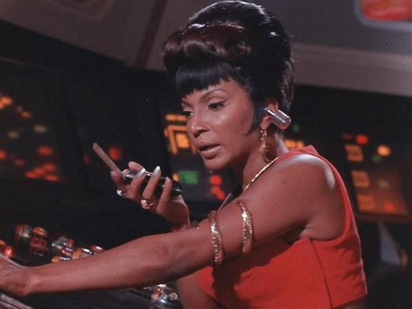 Nichelle Nichols as Lt. Uhura on Star Trek Bridge