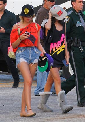 Selena Gomez, Vanessa Hudgens and Ashley Benson on the set of Spring Breakers on March 27, 2012
