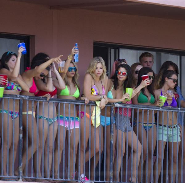 Selena Gomez, Vanessa Hudgens and Ashley Benson on the set of Spring Breakers on March 21, 2012