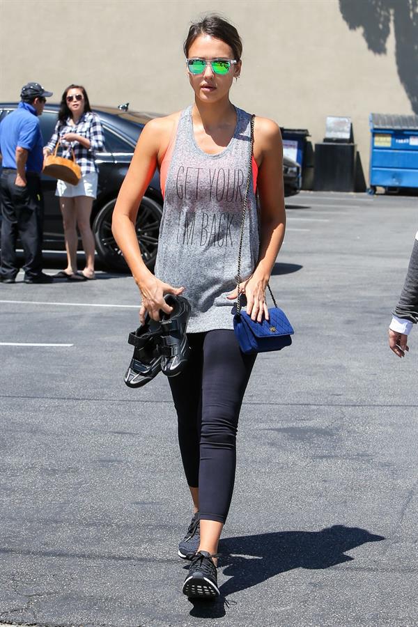 Jessica Alba in leggings outside a Soul Cycle class in Los Angeles, July 2015