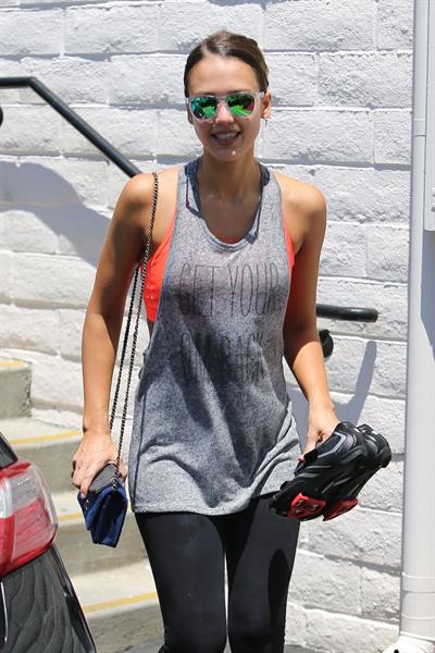 Jessica Alba in leggings outside a Soul Cycle class in Los Angeles, July 2015