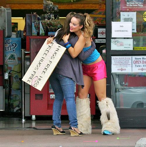 Olivia Wilde in shorts on the set of film free hugs in California July 29, 2011 