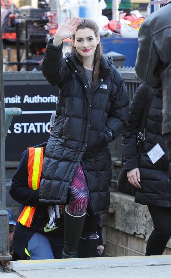 Anne Hathaway on the Dark Knight Rises set in New York City 4-11-2011 