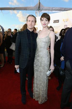 Anne Hathaway attends the Critics' Choice Movie Awards 2013 with Skinnygirl Cocktails at Barkar Hangar