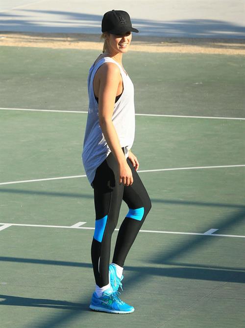Delta Goodrem playing basketball with a friend in Los Angeles, California on November 3, 2013 