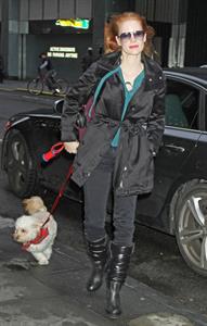 Jessica Chastain with her dog Chaplin arriving to the Walter Kerr Theatre in New York City December 27, 2012 