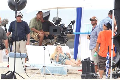 Rachael Taylor filming Charlie's Angels on a beach in Miami 02-09-11