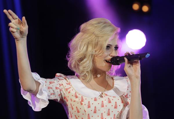 Pixie Lott performs on stage in Londonderry, Northern Ireland, Thursday, June 21, 2012.