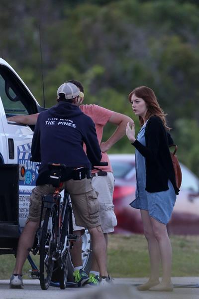 Emma Stone on the set of an untitled Woody Allen project in Newport July 28, 2014