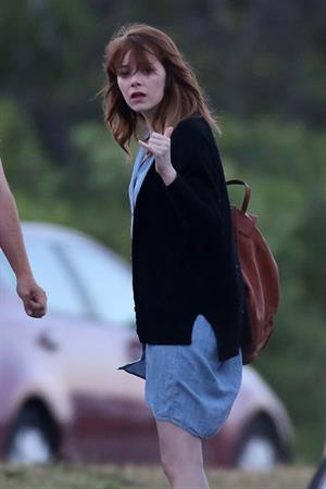 Emma Stone on the set of an untitled Woody Allen project in Newport July 28, 2014