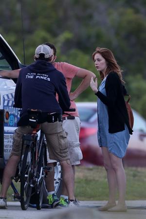 Emma Stone on the set of an untitled Woody Allen project in Newport July 28, 2014