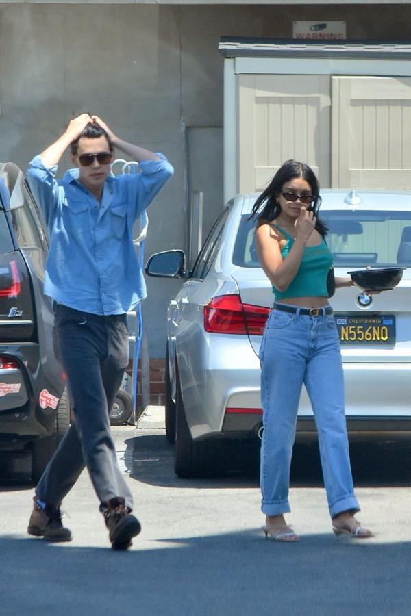 Vanessa Hudgens braless nipples pokies in a green top showing off her tits seen by paparazzi with Austin Butler.


















