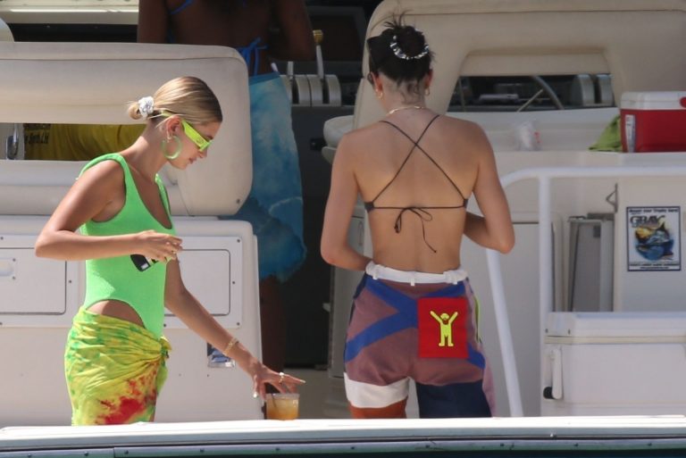 Hailey Bieber Pictures Hailey Bieber, Kendall Jenner and Justine Skye sexy bikini and swimsuit photos seen on a boat drinking for Hailey Bieber's bachelorette party.