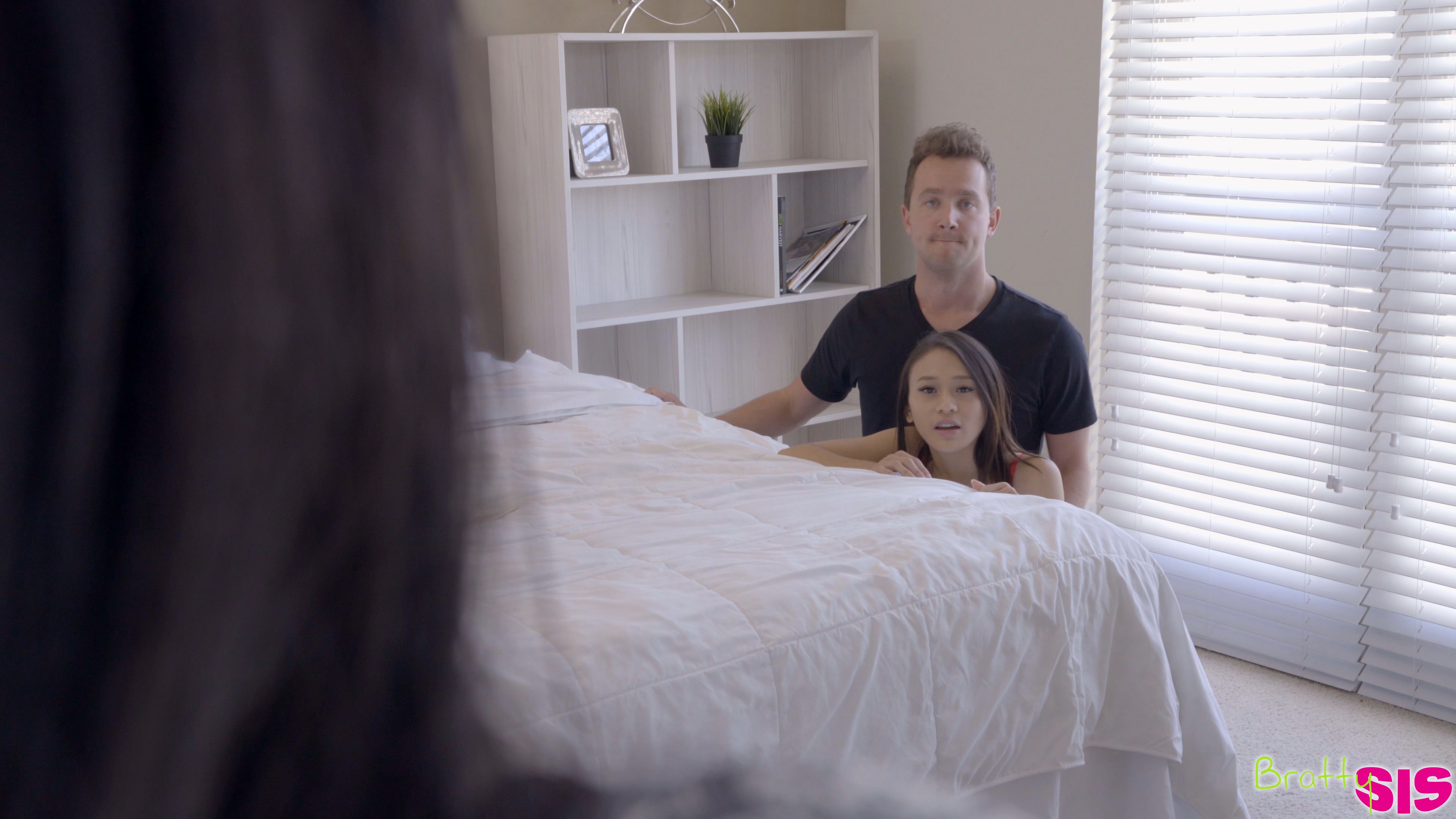 Tiny spinner Jasmine Grey uses lingerie and a fuck me smile to seduce her stepbro into a stiffie ride in her bare pussy