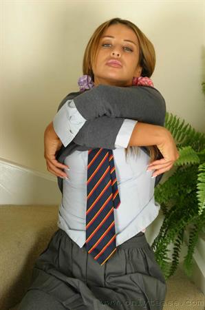 Kim Nude Pictures Sultry brunette Kim in college uniform with wool pantyhose