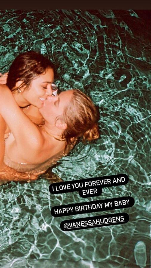 Vanessa Hudgens and Ashley Benson sexy lesbian kiss making out with Vanessa on top of Ashley in the pool.