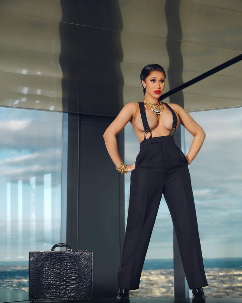 Cardi B topless boobs new pic from a photoshoot posing with suspenders  barely covering her nude big tits Unrated