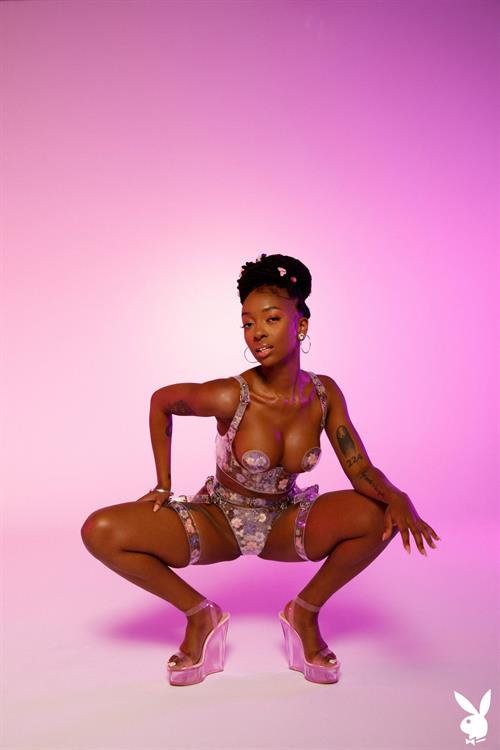 Sabrea Phenix flirty ebony in the studio for Playboy